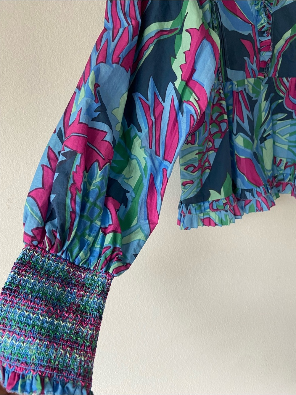 Love the Label Tropical Print Ruffle Blouse Top Boho Puff Sleeve Size M - Picture 2 of 13